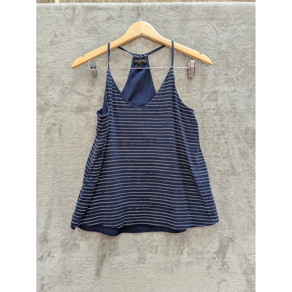 Preppy Striped Tank Top Womens XS Navy Blue Racerback V-Neck Camisole